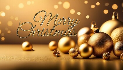 金色のオーナメントが散りばめられた背景に、手書き風の『メリークリスマス』が描かれ、優しく暖かなクリスマスの祝福を伝えるエレガントなデザイン。
