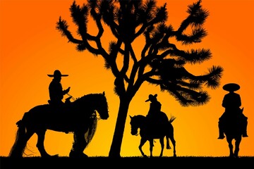 vaqueros, caballos, toro, cuernos, arbol, pony, cabalgata, cambo, arbol, ramas, vector, contraluz, atardecer, charros, mexico, jalisco