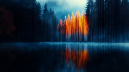 Fototapeta premium Abstract enchanted forest where the trees are reflecting a rainbow of colors from a radiant sky
