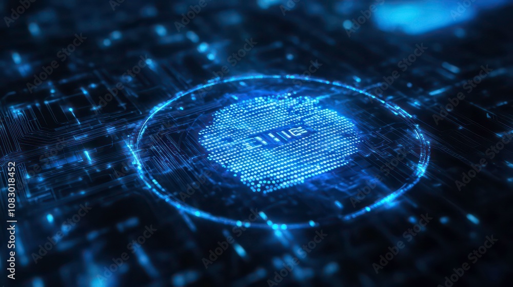 Fototapete Modern Technology Concepts: Cybersecurity, blue and circle of technology with biometrics to scan for personal identification