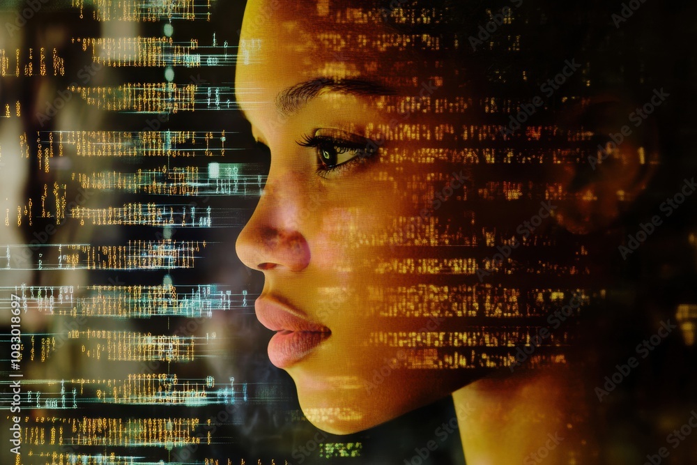 Poster a human profile overlays complex dna sequences, illustrating the interplay between genetics and pers