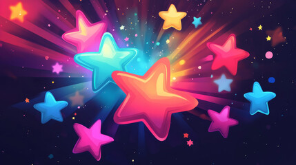 Colorful cartoon stars shining on dark background with light rays