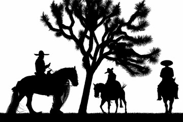 vaqueros, caballo, toro, cuernos, arbol, pony, cabalgata, cambo, arbol, ramas, vector, contraluz, atardecer