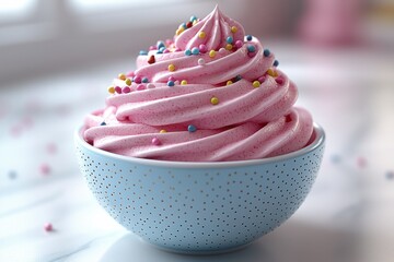 Pink Whipped Cream Delight: A pastel blue bowl brimming with swirls of fluffy pink whipped cream, adorned with colorful sprinkles.  A delightful image perfect for dessert menus, blogs.