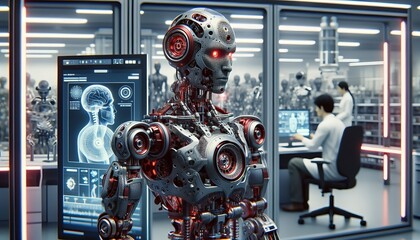 Fototapeta premium A futuristic robot stands in a high-tech laboratory, surrounded by screens and machines.