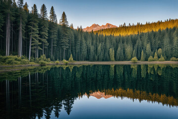 Fototapeta premium Serene mountain lake reflecting sunset.