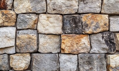 Fototapeta premium A close-up view of a stone wall with rectangular and square stone bricks in various shades of beige, brown, and grey