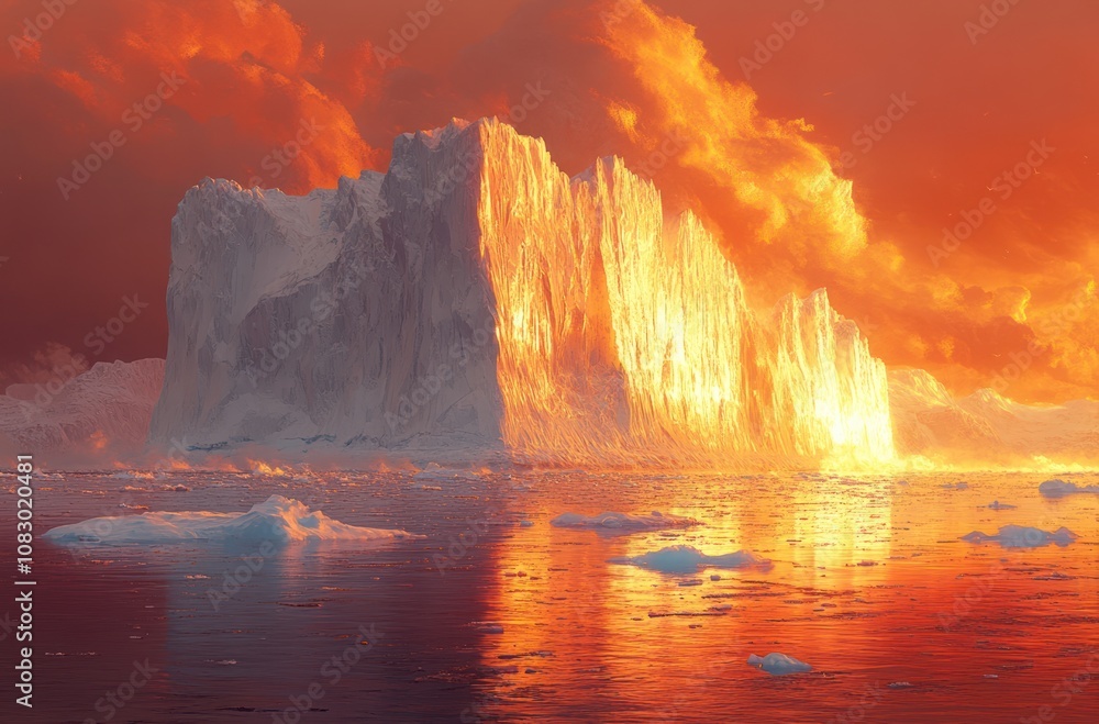 Poster here's a and keyword list suitable for stock photo submission.. fiery sunset illuminates melting ice