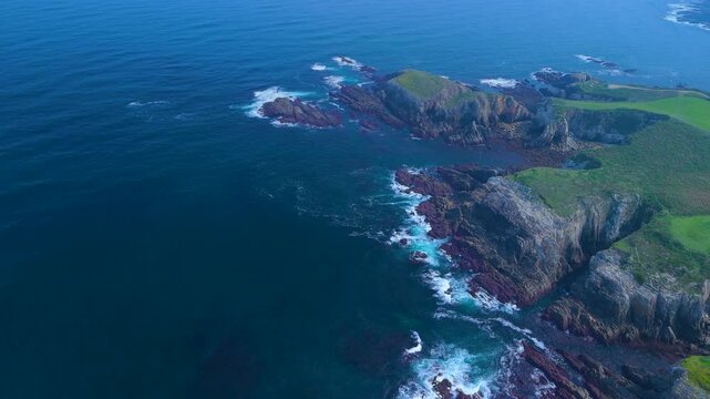 Aerial view from a drone of the coastal landscape and crops in the area around Cabo Cebes in Tapia de Casariego. Asturias. Spain. Europe
