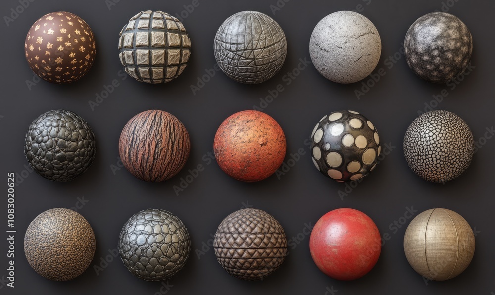 Aufkleber a grid of spherical objects with various textures and colors arranged on a dark background, displayi