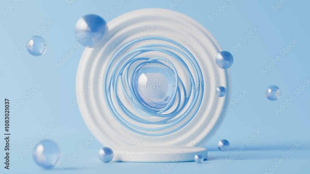 Poster loop 3d animation of an abstract geometric background. a blue studio with a white stage and spheres.