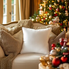 White pillow mockup on red backgorund with Christmas decorations