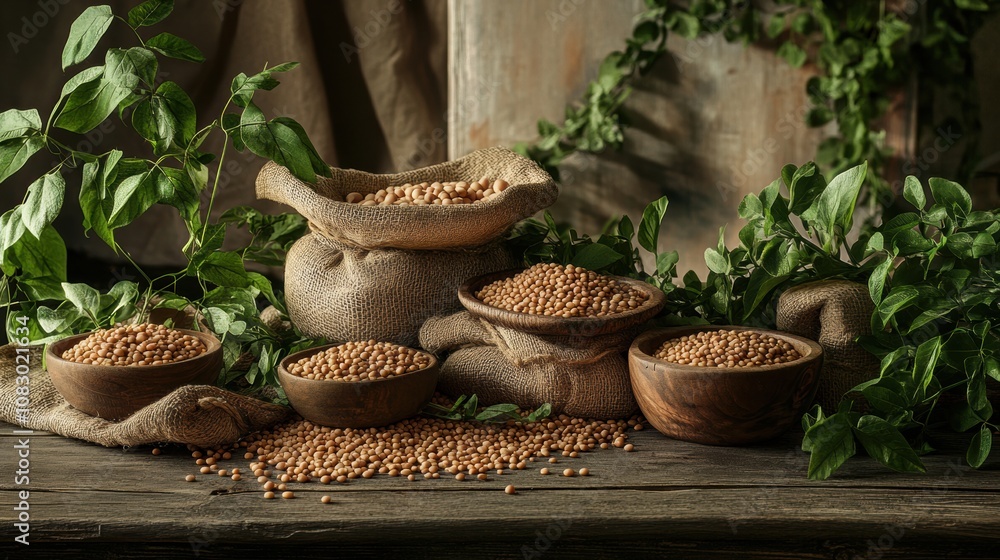 Poster bowls and burlap sacks are filled with various lentils, beans, and chickpeas on a rustic wooden tabl