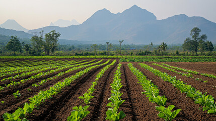 Lush Green Farmland Rows  Mountain View  Agriculture Scene