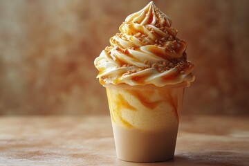 Salted Caramel Ice Cream Dream: A close-up of a decadent salted caramel ice cream sundae, with swirls of caramel and a sprinkle of sea salt. The ice cream is served in a clear cup.