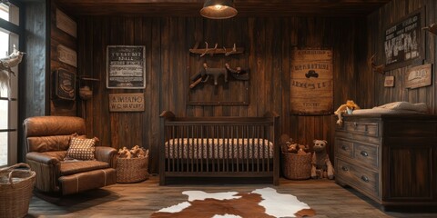 Rustic nursery with a leather armchair, a crib, a changing table, and a wood-paneled wall.