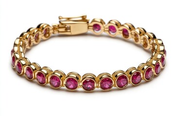 Obraz premium A luxurious gold bracelet featuring pink gemstones set against a crisp white background