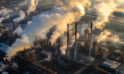 Fototapeta premium Aerial view of an industrial complex with multiple factory buildings and prominent smokestacks emitting