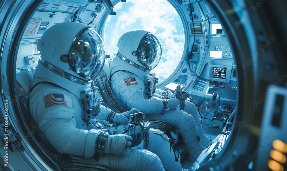 Poster art piece showing astronauts undergoing zero gravity simulation training in a spacecraft