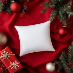 White pillow mockup on red backgorund with Christmas decorations