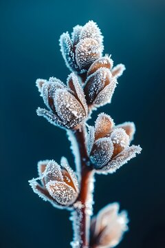 A close-up of delicate frost-covered buds on a winter morning, featuring intricate icy details that contrast against a soft blue background, evoking a serene, chilly atmosphere.