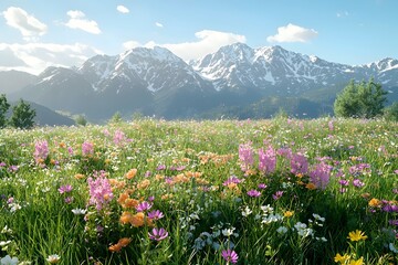 Fototapeta premium A breathtaking landscape featuring a vibrant meadow filled with colorful wildflowers, set against majestic snow-capped mountains under a clear blue sky.