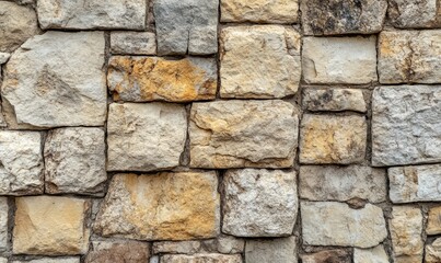 Obraz premium A close-up view of a stone wall with rectangular and square stone bricks in various shades of beige, brown, and grey