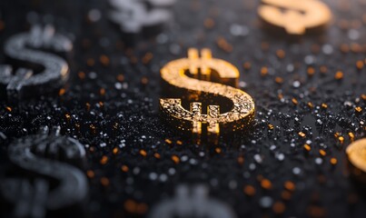 A close-up view of various dollar signs scattered on a dark surface, with a prominent gold dollar sign in focus surrounded by gray dollar signs in a bokeh effect.