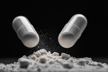 Floating white capsules hover above a mound of fine powder, set against a dark backdrop highlighting the contrast and purity of the scene vividly.