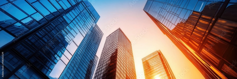 Aufkleber tall buildings reach toward the sky as the sun sets, casting silhouettes against an array of colorfu