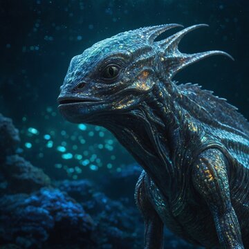 A zealously illuminated Piscean alien, its oceanic scales shimmering with radiant aquatic hues, glowing as if lit from within by unseen depths. This concept art, a digital painting, showcases the alie