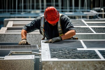 A construction worker wearing a bright red hat works on a building, focus on the person's activity