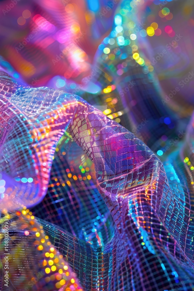 Poster close-up of a colorful cloth with lights shining in the background, ideal for use in product design 