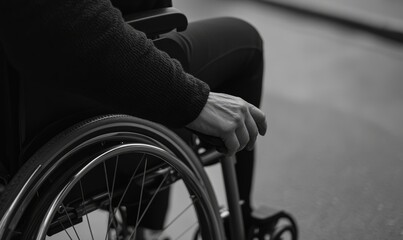 Obraz premium Close-up of a person's hand gripping the wheel of a wheelchair, emphasizing mobility assistance and accessibility