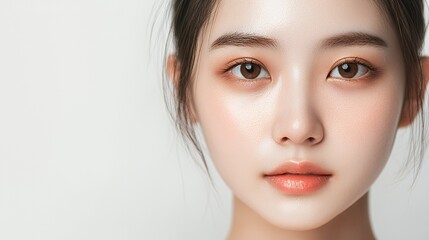 Fototapeta premium Close-up portrait of a young woman with flawless skin and natural makeup looking at the camera.