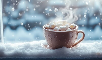 Fototapeta premium Close-up of a steaming cup of hot chocolate with marshmallows on top, set against a snowy background through a window