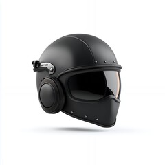 Black motorcycle helmet with visor and headphones.