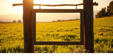 Fototapeta premium A rustic wooden frame hangs against a backdrop of vibrant golden fields, framing the setting sun and hinting at a tranquil countryside landscape.