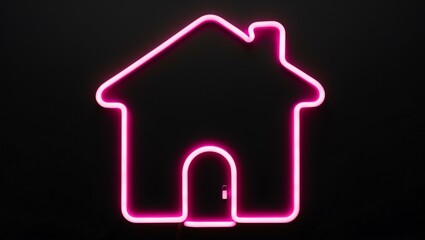 pink neon light house outline centered on black background