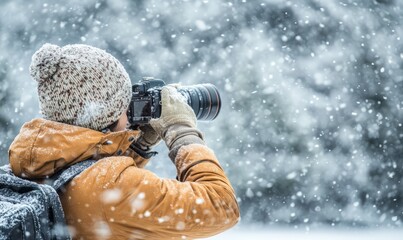 A photographer in winter clothing taking pictures during snowfall, wearing a beanie, gloves, and a jacket, with snow-covered landscape in the background.
