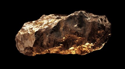 Fototapeta premium A large, rough, gold-colored rock isolated on a black background.