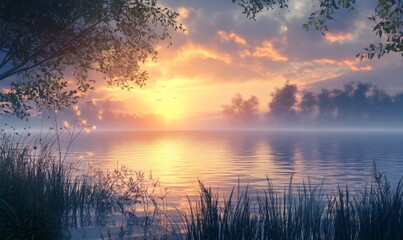 Naklejka premium Craft a digital masterpiece portraying a serene lake at sunset