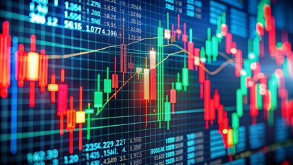 Dynamic technical price chart with red and green candlesticks on blue screen, illustrating market volatility and trend analysis for stock trading and cryptocurrency investments 
