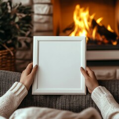 Woman hands holding a blank white frame mockup on sofa with a fireplace in background