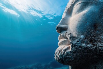 A majestic large stone face submerged underwater, casting a striking silhouette under the sunlight, suggesting mystery and ancient wisdom in serene aquamarine depths.