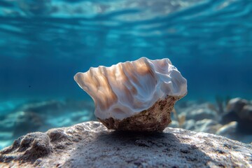 A mesmerizing seashell nestled on a rock underwater, capturing pristine sunlight, showcasing the intricacy and elegance of marine life in its natural habitat.