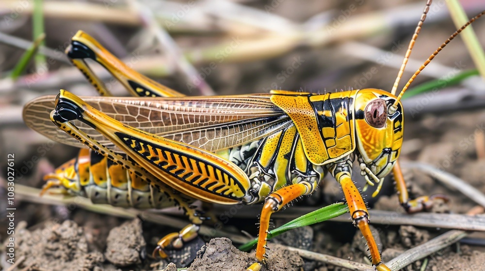 Poster a close-up view of a grasshopper on the ground