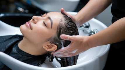 Fototapeta premium A woman is getting her hair washed in a salon. The woman is smiling and looking relaxed. The hairdresser is washing her hair and is using a lot of soap