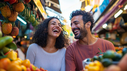Naklejka premium Couple Enjoying Vibrant Local Market Together Hand in Hand