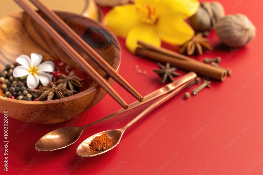Poster a collection of spices and utensils placed on a table, ideal for use in cooking or as a prop in phot